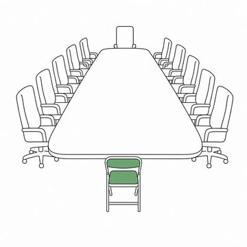 Line illustration: an enormous empty boardroom table ringed with tall executive chairs, with one modest folding chair squeezed in at the near end, the folding chair the accent colour