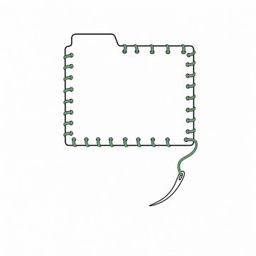 Line illustration: a manila personnel folder stitched shut all the way around its open edges with heavy waxed thread, a curved upholstery needle still hanging from the last stitch, the folder tab and covers blank with no lettering or numbers, the thread the accent colour