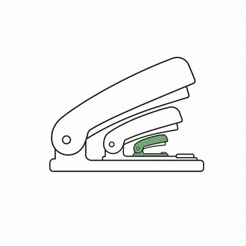 Line illustration: an office stapler standing open to reveal three progressively smaller identical staplers nested one inside the next, all four bare with no lettering, numbers or markings on them, the smallest stapler the accent colour