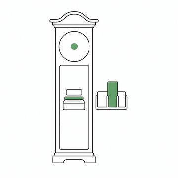 Line illustration: a factory punch clock grown to the height of a grandfather clock and standing on the floor with a small card rack fixed beside it holding one blank time card and empty slots either side of it, the dial face and the card bare of numerals, letters or markings of any kind, the single card the accent colour
