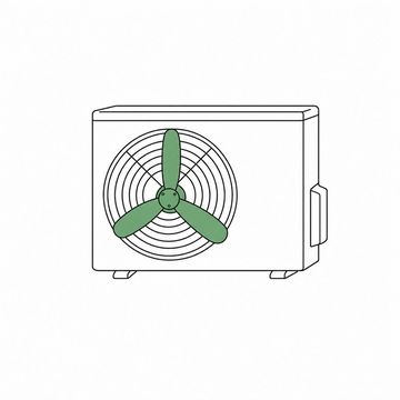 Line illustration: an outdoor air-conditioning condensing unit with a full-sized aeroplane propeller fitted in place of the fan blade behind its top grille, the casing left completely plain with no lettering, numbers or badges anywhere on it, the propeller the accent colour