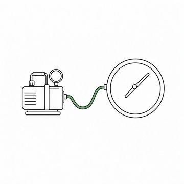 Line illustration: a small vacuum pump joined by a single refrigeration hose to the side of an ordinary round wall clock, the clock face entirely blank apart from its two hands and the pump's gauge face blank as well, the hose the accent colour