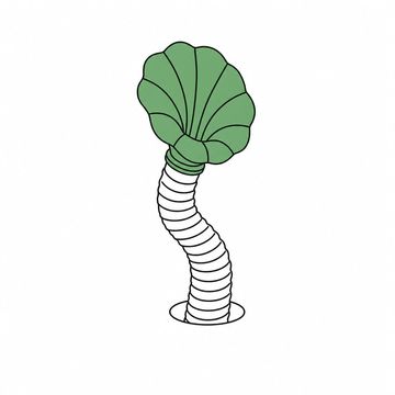Line illustration: a length of flexible ducting rising up out of the floor and flaring at the top into a large gramophone horn, the horn the accent colour