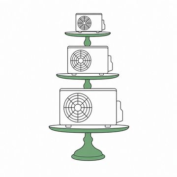 Line illustration: three outdoor condensing units of ascending size, one standing on each tier of a silver three-tier cake stand, every casing plain with no lettering, numbers or price tickets anywhere, the cake stand the accent colour