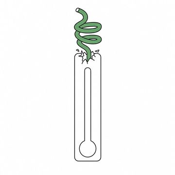 Line illustration: an oversized outdoor thermometer whose glass column has burst out through the top of the tube and coiled into a long loose spiral above it, its scale left completely blank with no numbers or graduation marks, the escaped column the accent colour