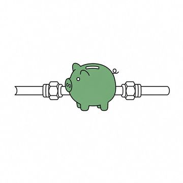 Line illustration: a ceramic piggy bank plumbed into a run of copper refrigerant line, a flare nut joining a pipe to each end of it, the piggy bank the accent colour