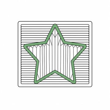 Line illustration: a pleated air filter cut into the shape of a five-pointed star, seated in a square return-air grille far too rectangular for it, the filter's cardboard frame completely plain with no printing, numbers or markings, the star-shaped filter the accent colour