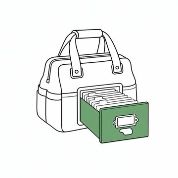 Line illustration: a canvas tool bag with a wooden library card-catalogue drawer built into its side and pulled wide open, the index cards inside completely blank and the brass card holder on the drawer front empty of any lettering, the open drawer the accent colour