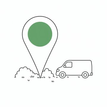 Line illustration: an oversized map pin standing point-down in a small front lawn, several times the height of the service van parked beside it, the van's panels left entirely plain with no lettering, numbers or markings, the pin's head the accent colour