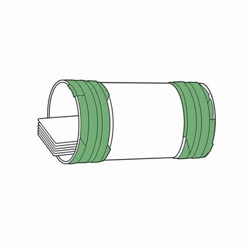 Line illustration: a slim stack of blank documents sealed inside a short section of round sheet-metal duct whose two open ends are wrapped in many overlapping turns of foil tape, no lettering, numbers or printed markings anywhere on duct, tape or paper, the foil tape the accent colour