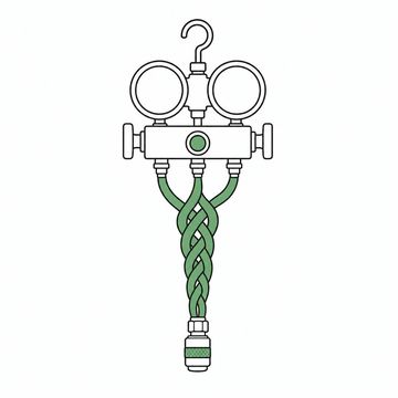 Line illustration: a refrigeration gauge manifold hanging from its hook with its three service hoses plaited into a single thick braid that ends in one lone coupler, both gauge faces left blank with no numbers, graduations or lettering, the braided hoses the accent colour
