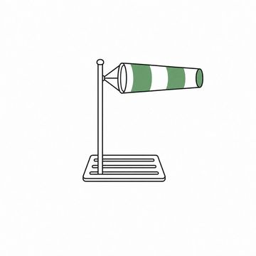 Line illustration: a domestic floor register grille set flush in a plain floor with a full-size airport windsock rigged on a mast rising straight out of its slots, the sock filled and standing out level, no lettering or markings anywhere on grille, mast or sock, the windsock the accent colour