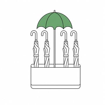 Line illustration: a heavy umbrella stand holding four tightly furled umbrellas and a fifth standing among them fully open indoors, the open canopy the accent colour