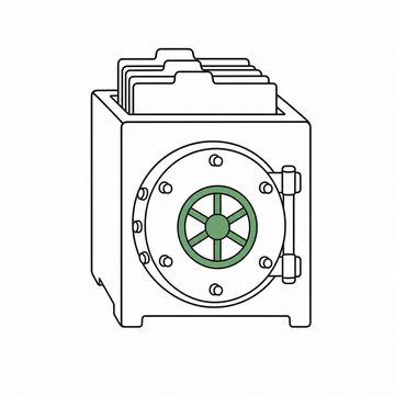 Line illustration: a full-size bank-vault door with locking bolts and a spoked wheel handle mounted on the front of a small wooden desktop card-index box, the dial face and every surface completely blank with no lettering, numbers or markings anywhere, the wheel handle the accent colour