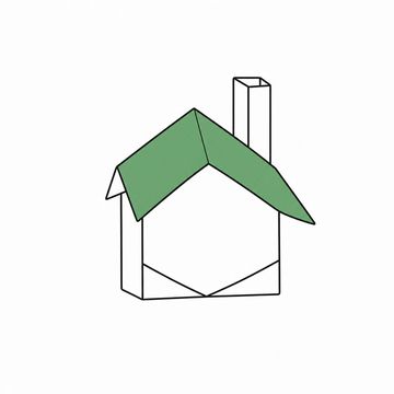 Line illustration: a single sheet of proposal paper folded origami-style into a small standing house with a pitched roof and a chimney, the paper completely blank with no lettering, numbers or markings on any face, the paper roof the accent colour