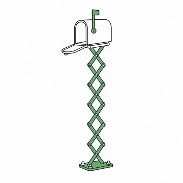 Line illustration: a domestic post-mounted mailbox raised high into the air on a fully extended scissor jack bolted beneath its base, its lid hanging open and its little flag up, no lettering or numbers on the mailbox, the scissor jack the accent colour