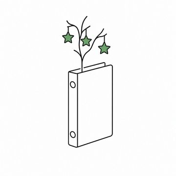 Line illustration: a thick ring binder standing upright on its end with a slender bare branch growing out of the top of its spine and three small five-pointed stars hanging from the branch where fruit would be, the binder's spine and covers completely blank with no lettering or numbers anywhere, the stars the accent colour