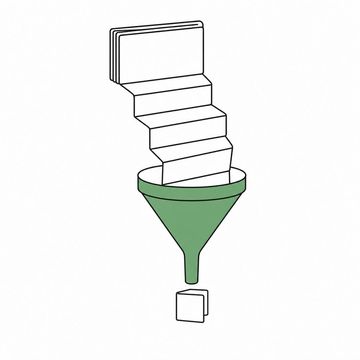 Line illustration: an oversized kitchen funnel standing mouth-up with a thick concertina of fanfold computer paper feeding into its wide mouth and one small neatly folded note dropping from the spout, every sheet blank with no lettering or numbers, the funnel the accent colour