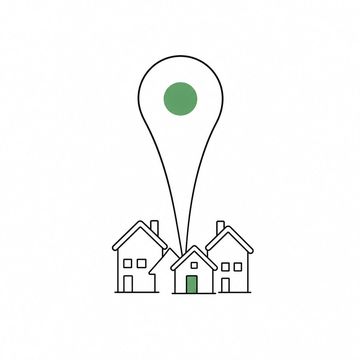 Line illustration: a map pin the size of a lamp post standing point-down with three small suburban houses clustered against the base of its shaft like buildings around a tower, the pin's round head the accent colour