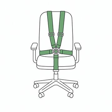 Line illustration: a plain office swivel chair fitted with a full five-point racing safety harness buckled tight across its empty seat, the webbing straps the accent colour