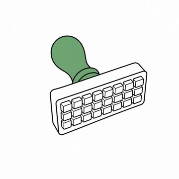 Line illustration: an oversized wooden-handled office rubber stamp tipped on its side to reveal that its rubber face is a tiny keyboard of keys, every key completely blank with no lettering, numbers or symbols on any of them and none on the handle, the stamp handle the accent colour
