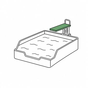 Line illustration: an office desk in-tray filled to the brim with still water and fitted at one end with a small springboard diving board, the tray plain with no lettering, numbers or labels anywhere, the diving board the accent colour