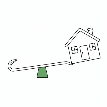 Line illustration: a long steel crowbar balanced across a small fulcrum block with its tip tucked under one corner of a whole small house, the house already tipped up clear of the ground with nothing at all pressing on the bar, no lettering or numbers anywhere, the fulcrum block the accent colour