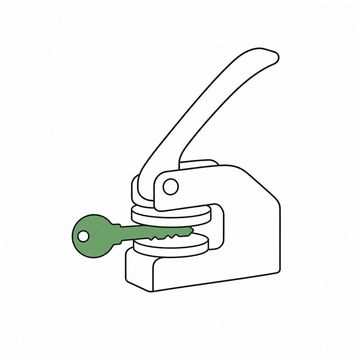 Line illustration: an oversized brass notary embosser clamped shut on the shaft of one ordinary house key held in its jaws, both key and press left completely plain with no engraving, lettering or numbers anywhere, the key the accent colour