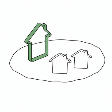 Line illustration: an outsized house-shaped cookie cutter pressed upright into a rolled sheet of dough with two identical house-shaped holes already punched beside it, no lettering, numerals or markings anywhere, the cutter the accent colour
