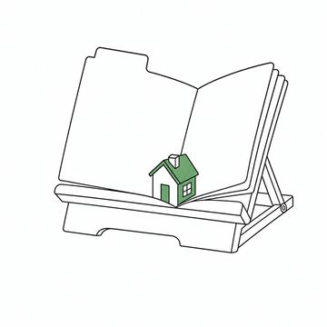Line illustration: a manila file folder propped open on a wooden reading stand the way a heavy reference volume sits in a library, a small scale-model house resting in the crease between its blank pages, its covers and pages bare with no lettering, numbers or markings anywhere, the model house the accent colour
