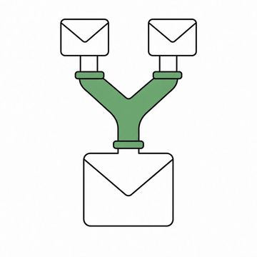 Line illustration: one large sealed envelope entering the stem of a Y-shaped brass plumbing junction and two smaller identical envelopes emerging from its two branches, all three envelopes blank with no addresses, lettering or numbers anywhere, the Y-shaped junction the accent colour