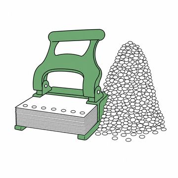 Line illustration: an enormous cast-iron hole punch clamped over a thick stack of blank forms with the punched-out paper dots heaped beside it in a pile taller than the punch itself, no lettering, numbers or markings on any of the paper, the hole punch the accent colour