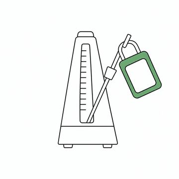 Line illustration: a desk metronome with its pendulum arm tilted to one side and a realtor's key lockbox hanging from the end of the arm, the lockbox face and keypad left blank with no dials, lettering or numbers anywhere, the lockbox the accent colour
