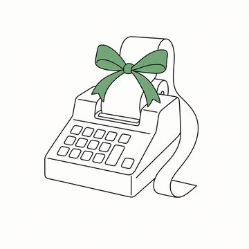 Line illustration: an old desktop adding machine with a long paper tape curling out of the top and tied into a tidy bow, the machine's keys and the whole tape completely blank with no digits, lettering or markings anywhere, the bow the accent colour