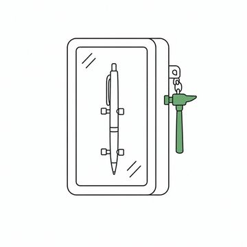 Line illustration: an ordinary ballpoint pen standing upright inside a wall-mounted break-glass emergency case with a small hammer hanging on a hook beside it, the case front and its plate entirely blank with no lettering or numbers, the small hammer the accent colour