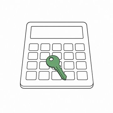 Line illustration: a pocket calculator the size of a doormat lying flat with one ordinary brass house key resting in the middle of its keypad, every key and the display entirely blank with no numerals, symbols or lettering, the house key the accent colour