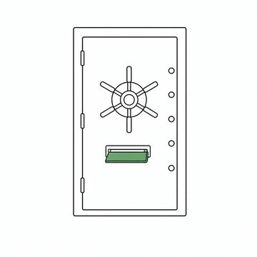 Line illustration: an ordinary house front door hung in a plain frame but built with a bank vault's spoked wheel handle and row of locking bolts, one small hinged letter slot in the middle of it propped open, no dial markings, numerals or lettering anywhere on the door, the propped letter slot the accent colour