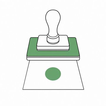Line illustration: an oversized rubber stamp standing upright on an ink pad the size of a doormat, one clean solid inked shape already pressed onto the entirely blank form beneath it, no letters, words or numbers anywhere in the frame, the ink pad the accent colour