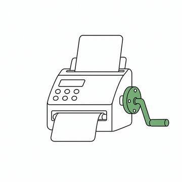 Line illustration: a desktop fax machine with a large iron hand crank bolted to its side and one blank sheet half fed through the rollers, machine, buttons and paper all bare of lettering, numbers or markings of any kind, the crank the accent colour