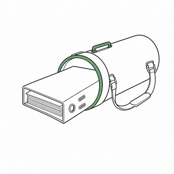 Line illustration: a pneumatic tube carrier standing open on end with a thick ring binder rammed into its mouth, far too large ever to fit, every cover and tab blank with no lettering or numerals, the carrier end ring the accent colour