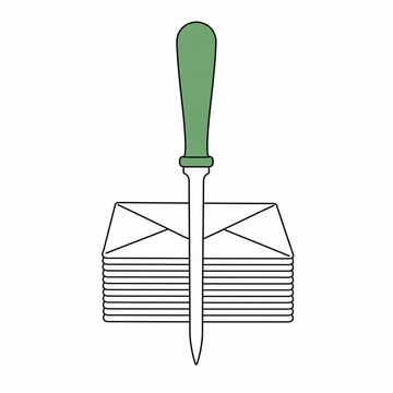 Line illustration: an outsized letter opener, several times life size, standing point-down through a thick stack of unopened envelopes, the envelopes plain and unmarked with no lettering or postage marks, the letter opener's handle the accent colour