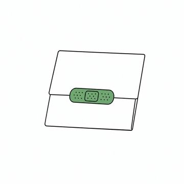 Line illustration: a single sheet of folded correspondence lying flat with a small fabric adhesive bandage stuck neatly across the fold, the paper completely blank and unmarked, the bandage the accent colour