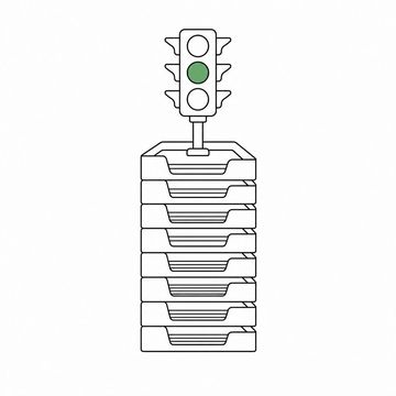 Line illustration: a tall stack of office paper trays with a full-size street traffic light standing where the top tray should be, one lens of the traffic light the accent colour