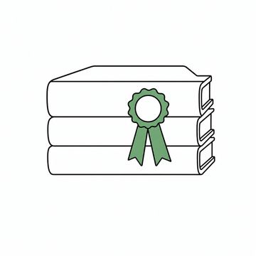 Line illustration: three thick reference volumes stacked flat with a prize rosette and its two ribbon tails pinned to the front cover of the top one, every cover and spine bare with no lettering, the rosette the accent colour