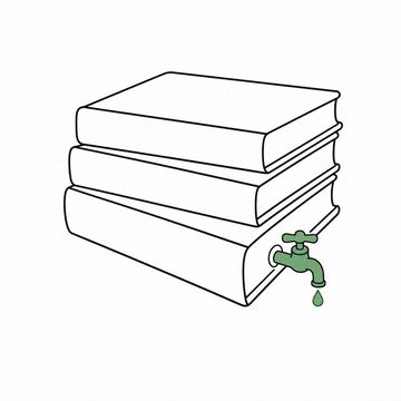 Line illustration: a stack of thick payer manuals with a small brass tap fitted into the side of the bottom volume and a single drop hanging from its spout, all covers and spines bare with no lettering, the tap and the drop the accent colour