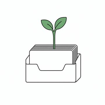 Line illustration: a business card holder used as a flowerpot, one seedling growing up out of the packed stack of cards, the cards blank with no printing or lettering, the seedling the accent colour