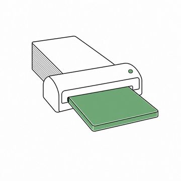 Line illustration: a thick stack of blank claim forms fed through a desktop laminator and coming out the far side as one solid sealed slab of plastic, every sheet blank with no lettering, numbering or printed boxes, the plastic slab the accent colour
