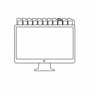 Line illustration: a computer monitor with a dozen stiff paper file-folder tabs sprouting in a row along its top edge, the screen blank and every tab bare with no lettering, one tab the accent colour