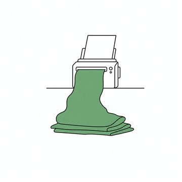 Line illustration: a fax machine no bigger than a matchbox sitting on a bare desk with a full-size claim form feeding out of its slot and pooling in a heap on the surface, the form completely blank with no lettering, numbers, boxes or printed grid on it, the emerging form the accent colour