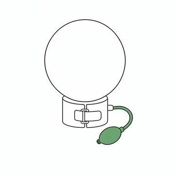 Line illustration: a blood-pressure cuff buckled into a closed ring and pumped up so hard that it stands upright on a bare table holding a perfect empty circle with nothing inside it, its rubber bulb resting beside it, no dials, numerals or lettering anywhere, the bulb and its tube the accent colour